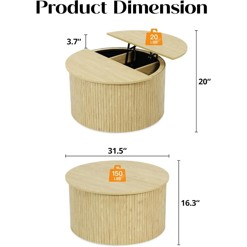 طاولة قهوة مستديرة مخددة مع سطح رفع، طاولة قهوة طبيعية بدائرة صغيرة مقاس 31.5 بوصة مع مساحة تخزين لغرفة المعيشة