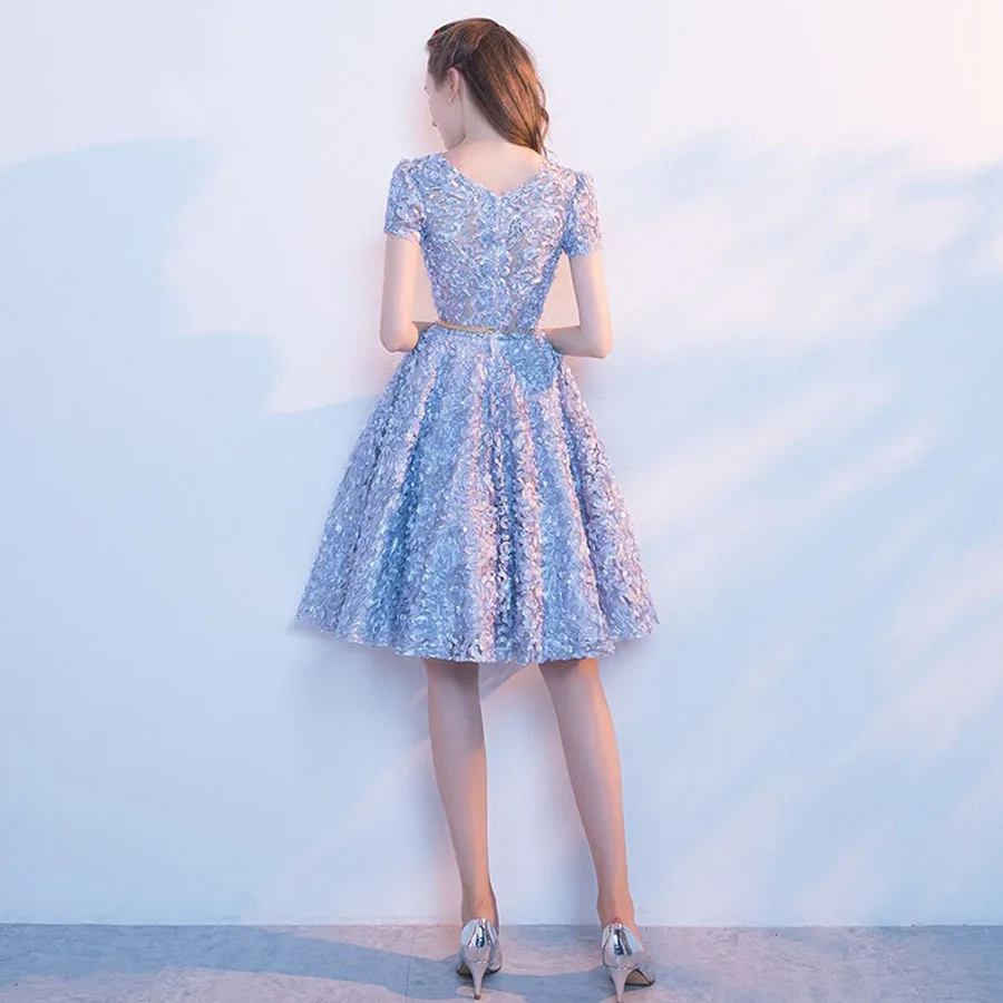 Sky Blue Short Prom Dresses Slim Fit Bridesmaid Off The Shoulder Short Sleeve O-Neck A-Line Birthday Elegant Evening Party Gown