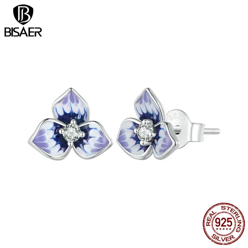 BISAER 925 Sterling Silver Pansy Flower Stud Earrings Enamel Purple Plated Platinum Ear Clip For Woman Party Fine Jewelry EFE860