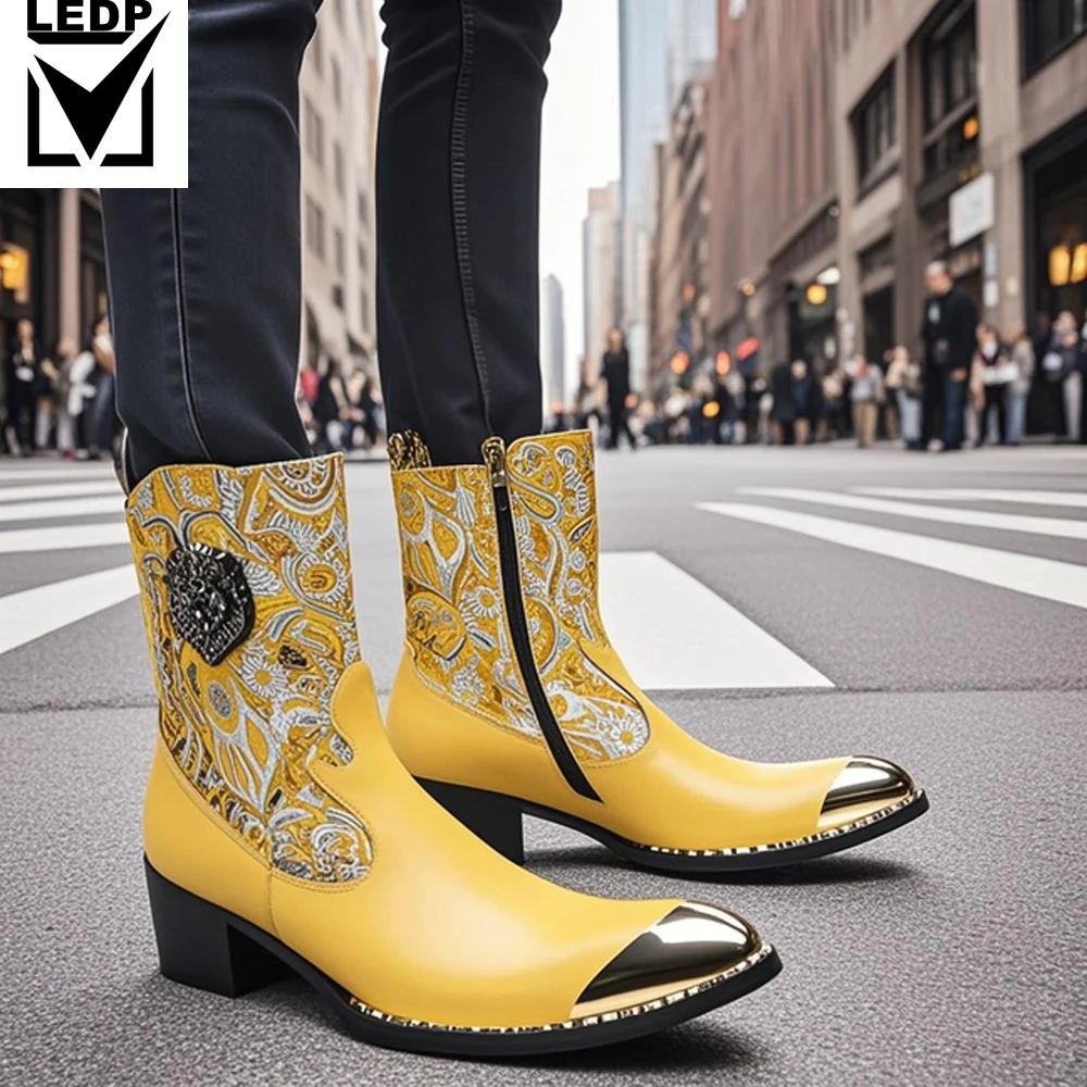 

British Metal Pointed Toe Party Club Man Shoes Red Motorcycle Zipper Ankle Boots Plus Size Wedding Party Real Leather Short Boot