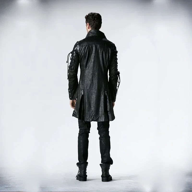 PUNK RAVE Punk Military Autumn Winter Jacket Western PU Leather Slit Unisex Gothic Retro Style Faux  Men Long Coats