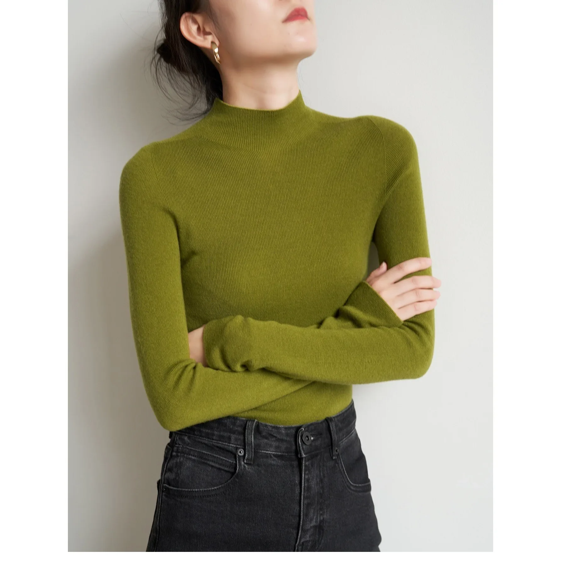 Capa base de lana con cuello medio polo para mujer, construcción integrada para desplazamientos, ropa elegante de otoño e invierno