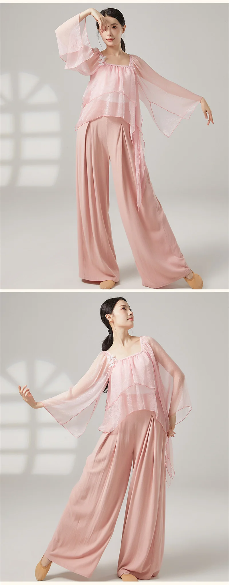 Damen-Oberteil für klassischen Tanz, durchsichtig, locker sitzende Chiffon-Bluse mit fließenden Ärmeln, chinesisches Volkstanz-Übungskostüm für Bühnenauftritte – Detail 5