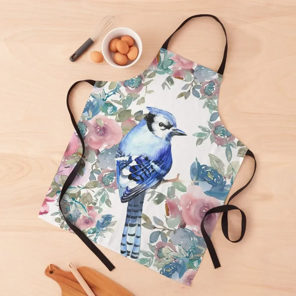 Blue small bird in roses watercolor design Apron Useful Things For Kitchen Hairdressing kitchen and home Customizable Apron