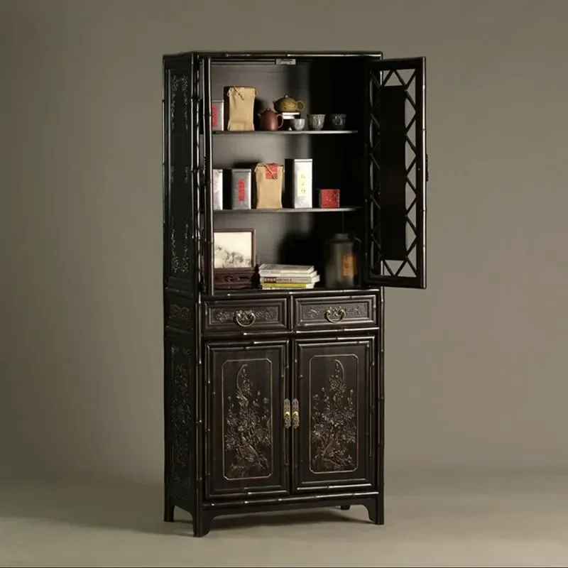 Large Bamboo Bookcase with Doors Retro Floor Storage Cabinet for Home Office Chinese Study Room Sturdy Wooden Shelf