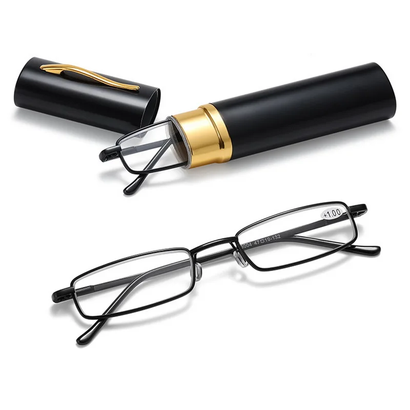Schlanke Brillen, Lesebrille, blaues Licht blockierend, modische rechteckige Computerleser mit Stiftclip, Röhrenetui für Damen und Herren