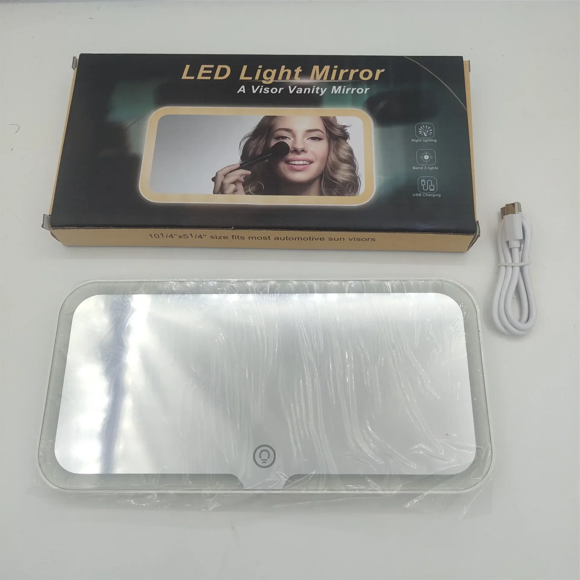 Espelho de vaidade da viseira do carro com luz led, tela de toque regulável, carregamento usb, espelho de maquiagem da bateria recarregável para o carro, 3 cores