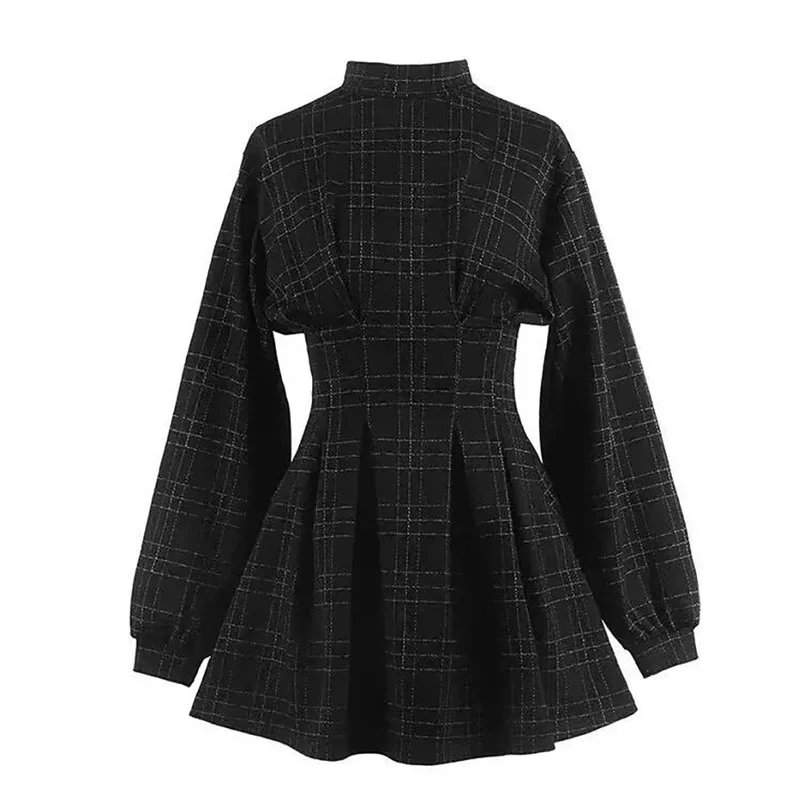 

One-Piece 2023 Autumn Winter Women Vintage Mini Dress Long Sleeve Plaid A-lined Gothic Dress for Goth Retro High Waist Dresses