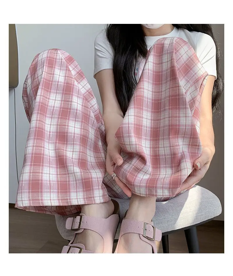 Spring and Autumn New Korean Casual High Waisted Loose Colorful Plaid Wide Leg Pants for Women