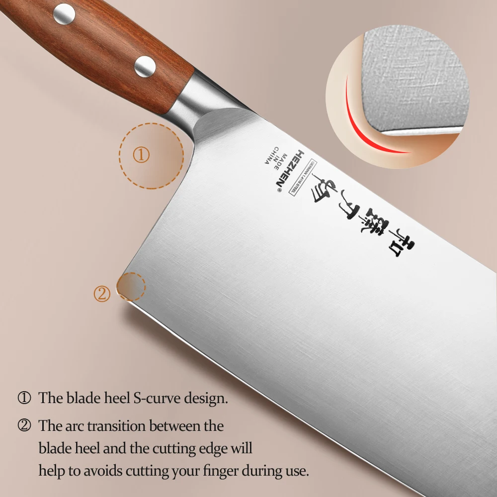 HEZHEN 7.1 Inch Cleaver Knife German 1.4116 Stainless Steel  Chinese Slice Kitchen Knife Redwood Handle Gift Box