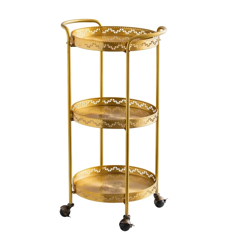 

Brass light luxury movable three-layer dining car, living room home storage coffee table sofa trolley side table