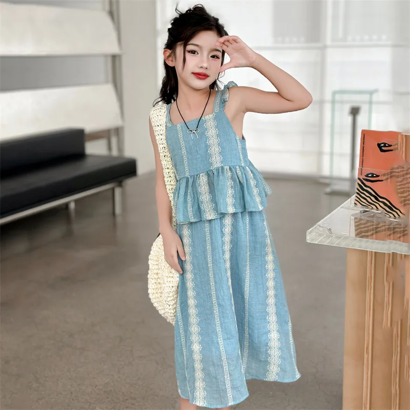 Girls Suits Summer Strap Set 2024 New Korean Version Children Embroidered Vertical Strip Shake Top A-line Skirt Two-piece Set