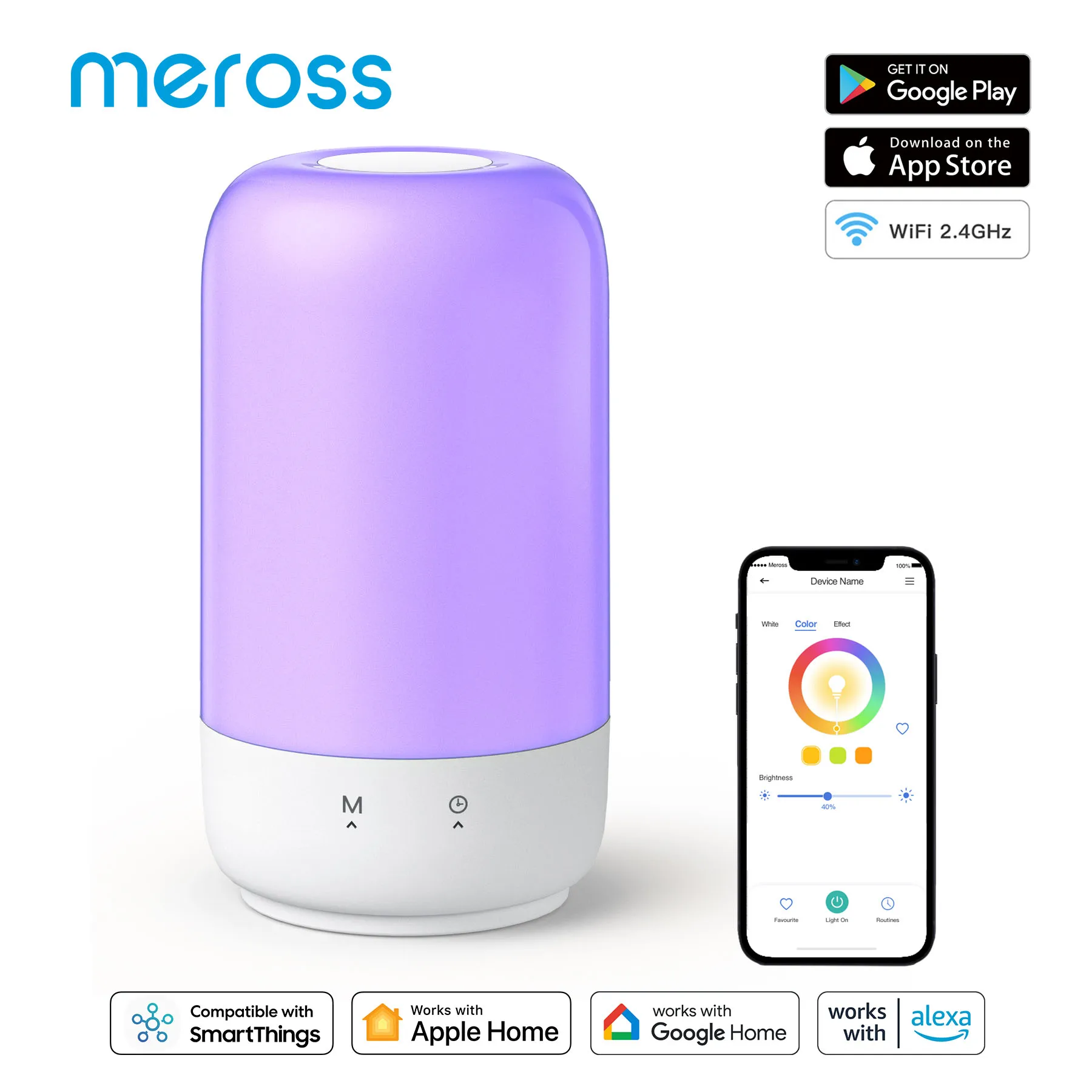 Meross HomeKit lumière ambiante intelligente, veilleuse LED WiFi pour chambre à coucher, lampe de chevet à intensité variable, fonctionne avec Siri, Alexa, Assistant Google