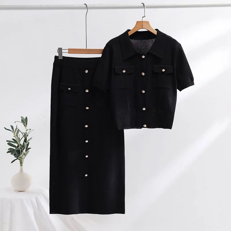 Knit POLO Collar Short-sleeved Tops Women T-shirt High Waist Fake Pocket Long Dress Daily Elegant Commuting Two-piece Dress Set