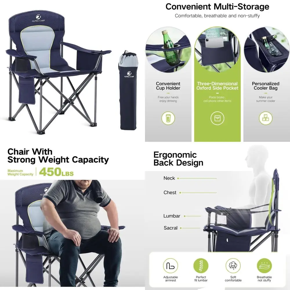 

Oversized Folding Camping Chair with Cooler, Cup Holder, and Storage - Heavy Duty Outdoor Padded Seat