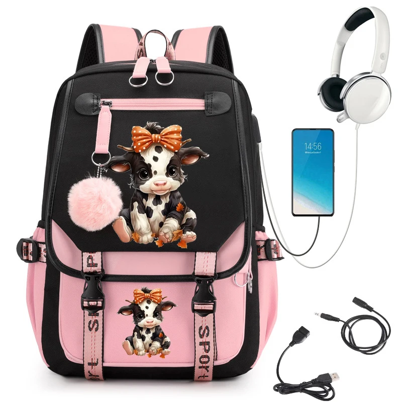 Cowboy Cow School Backpack para Meninas, bonito Bookbag para Mulheres, Estudante, Adolescentes, Bagpack para Laptop, USB, Harajuku