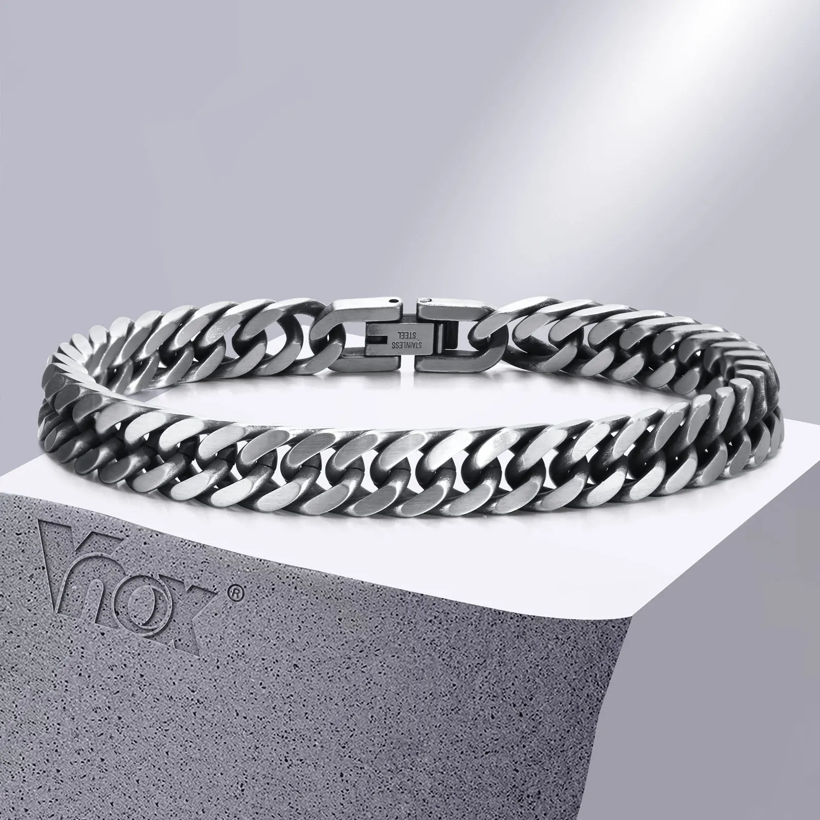 Vnox Chunky Retro kubańskie bransoletki łańcuszkowe dla mężczyzn, Vintage antyczna stal nierdzewna Curb Dome Link opaska na nadgarstek, fajny strój biżuteria