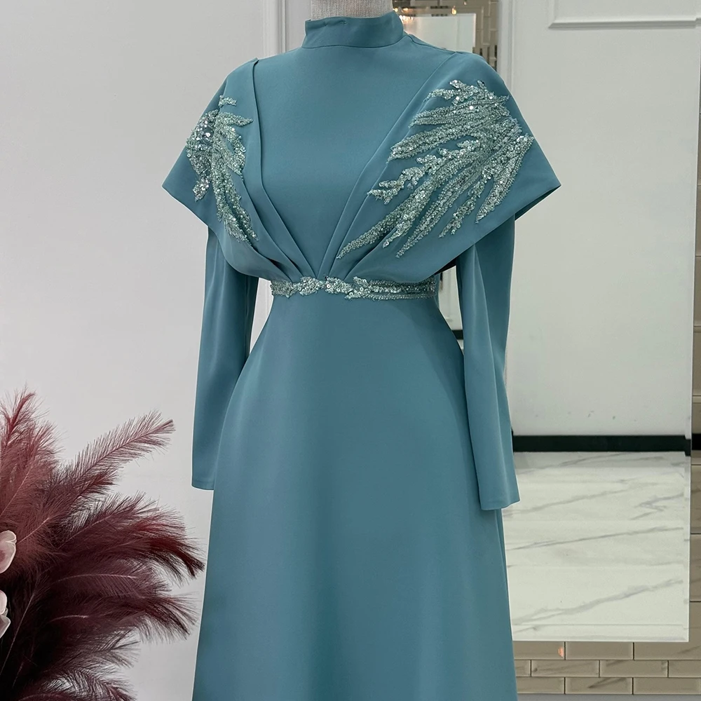 Customized A-line Evening Dresses Floor-length High-neck Full Sleeve Prom Gown Fashion Sequined Pleat Simple Draped Party Gown