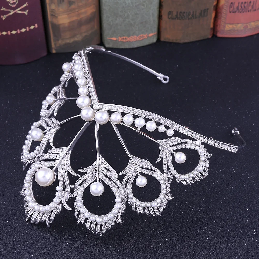 Vintage Baroque Crystal Crowns Peacock Feather Pearl Rhinestone Tiaras Bridal Wedding Hairband Hair Accessories Jewelry