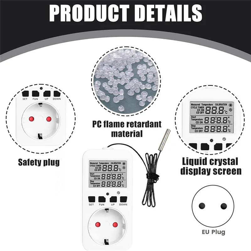 THIVN-Digital Temperature Controller Sockets,16A Heating Cooling Thermostat Socket With Sensor For Greenhouse EU Plug