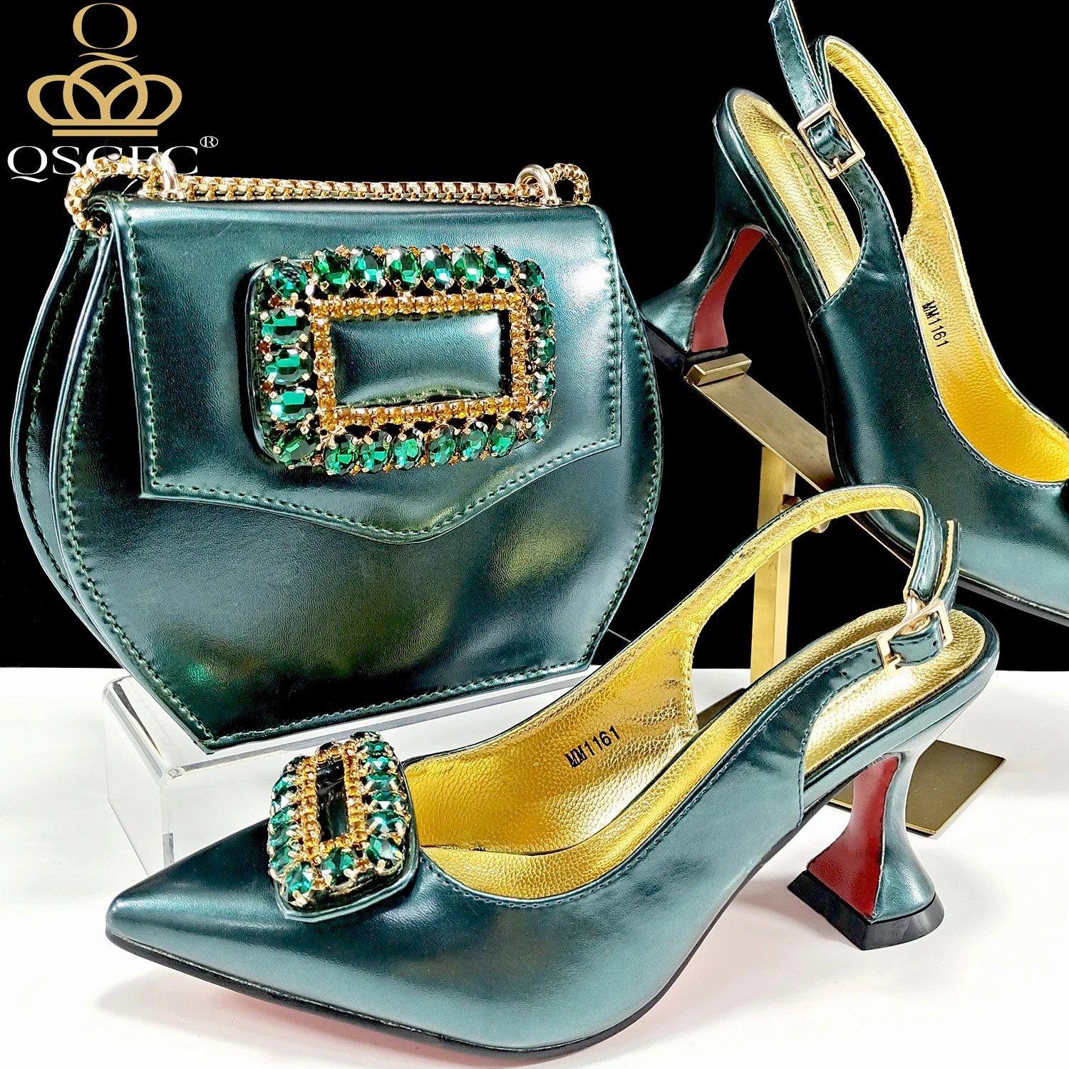 New Arrival Green Color Rhinestone Design Mature Style Party Wedding Pointed Toe High Heel Women Shoes and Bag Set