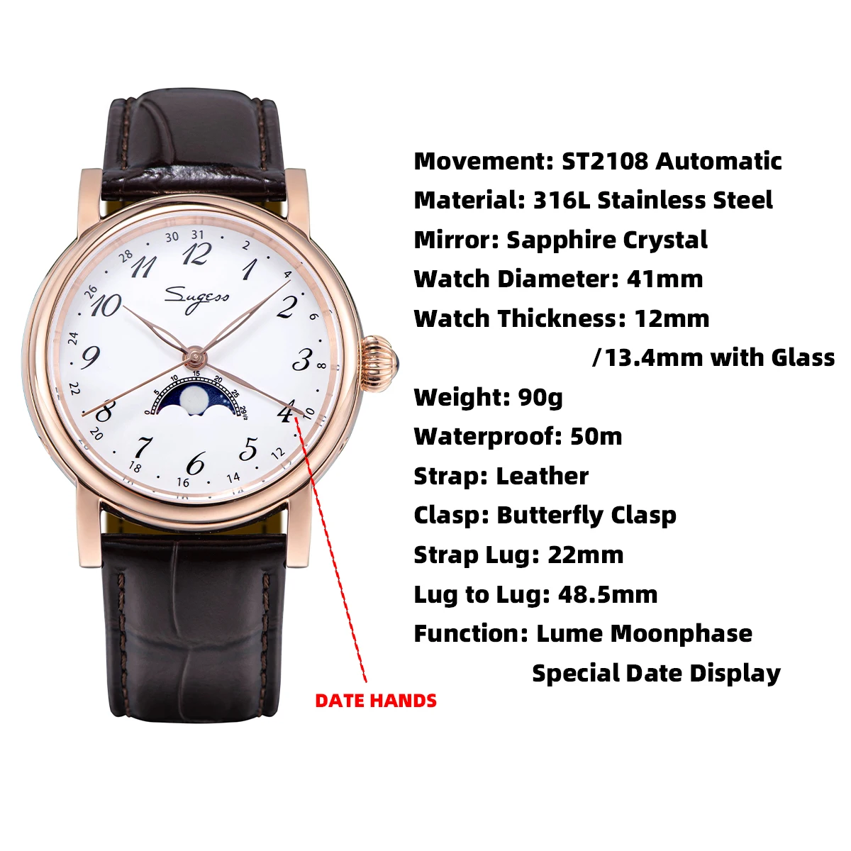 Sugess Men Watches Tianjin ST2108 Automatic Movement Wristwatch Date Hands Sapphire Crystal Luxury Waterproof Luminous Moonphase