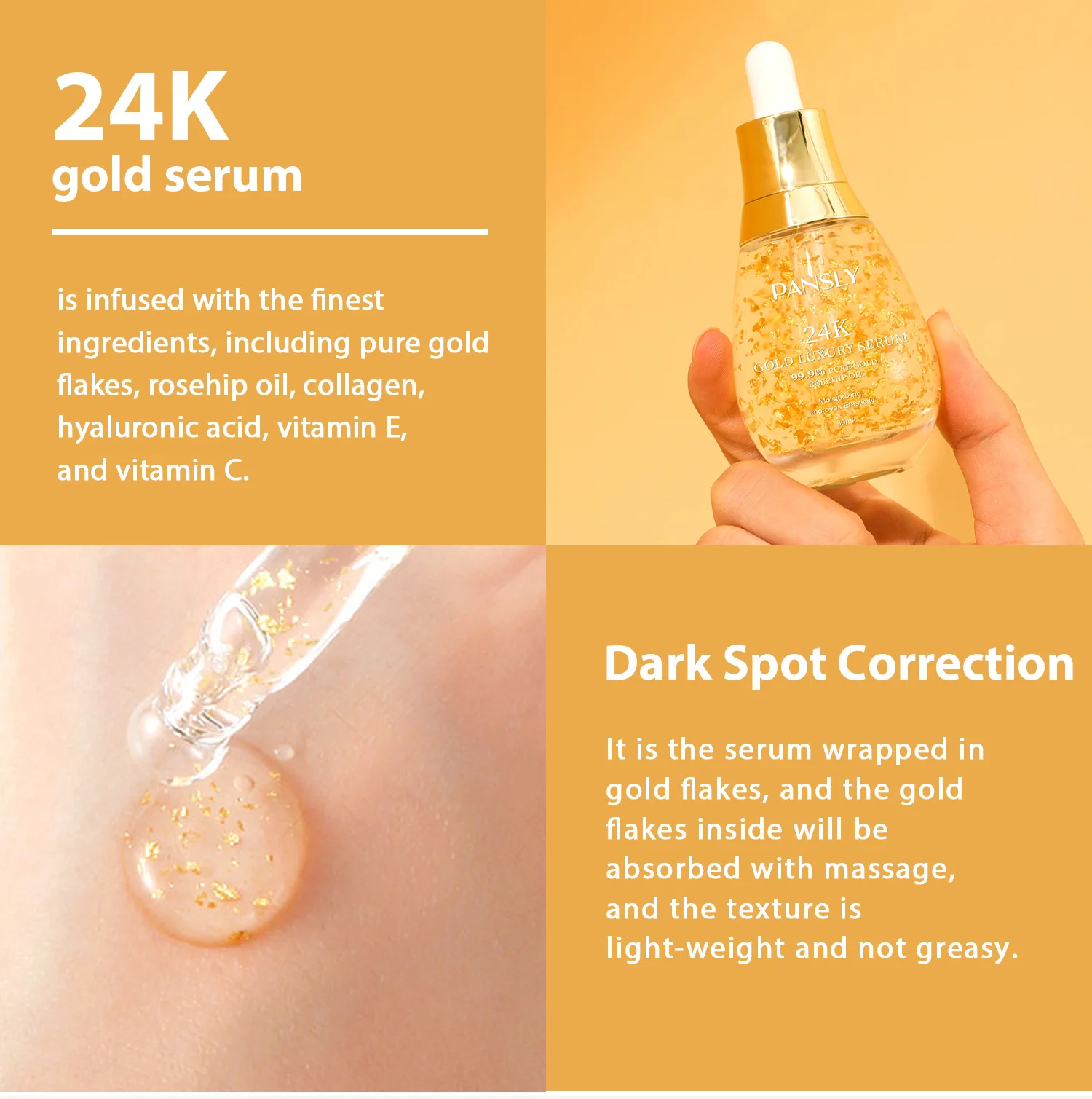 24K Gold Luxury Face Serum, 99.9% Pure Gold Rosehip Oil, Moisturizing Improves Elasticity, 30ml