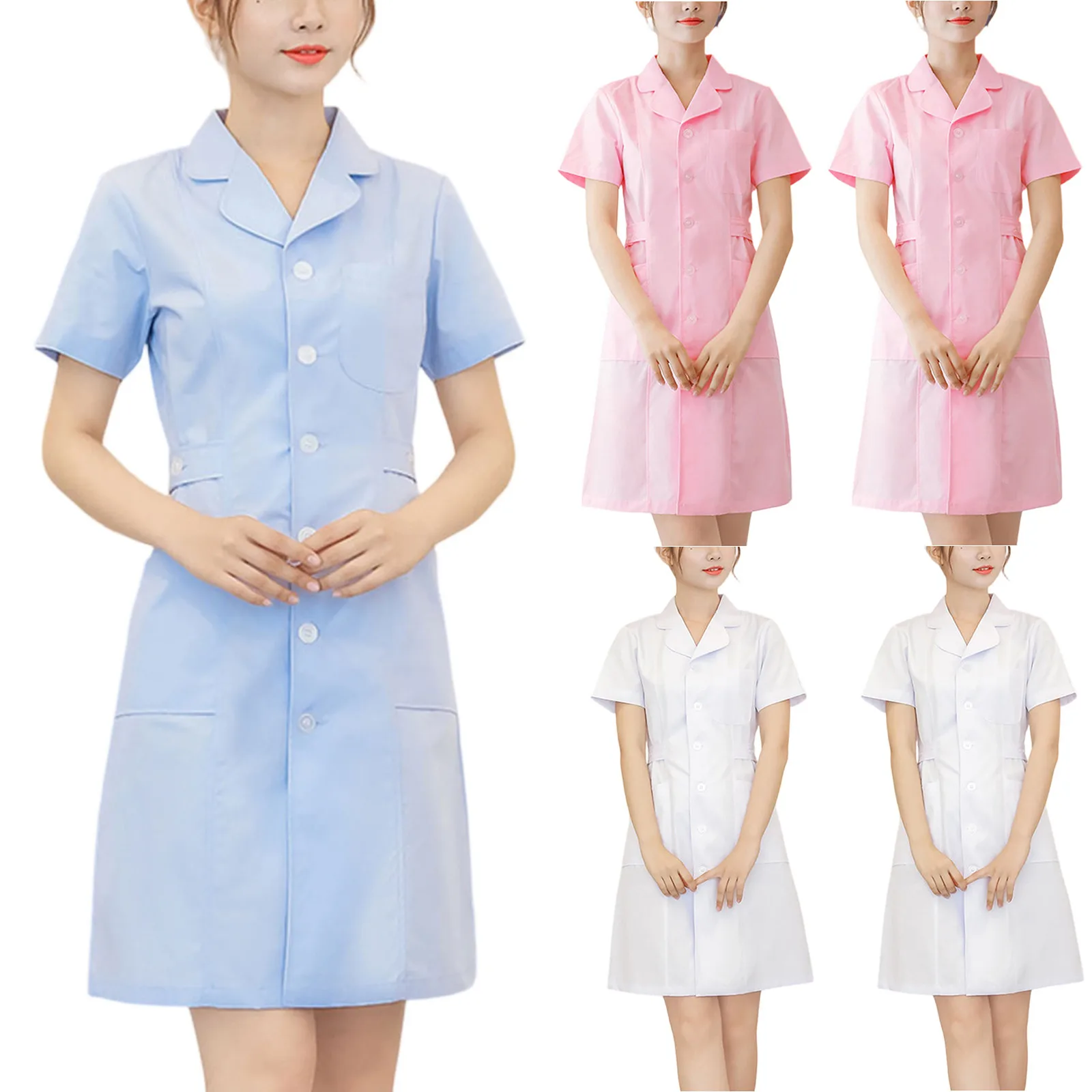 Basic Hospital Clinical Uniforms Scrubs Lab Coat Pharmacy Short Sleeve Nurse Doctor Dress Medical Robe Women Solid Uniforms