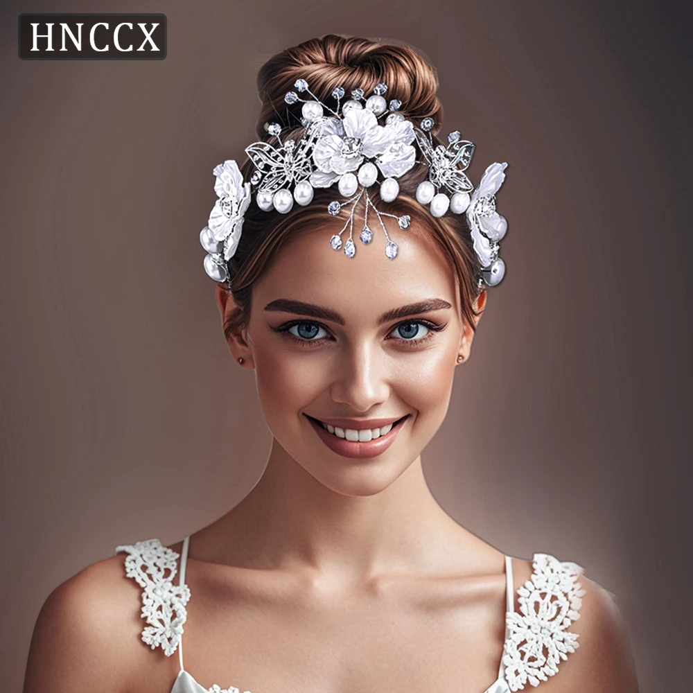 HNCCX Fashion Wedding Butterfly Crown Headband Bride Pearl Wreath Hair Accessories Silver Color Hair Jewelry Headpieces CP783