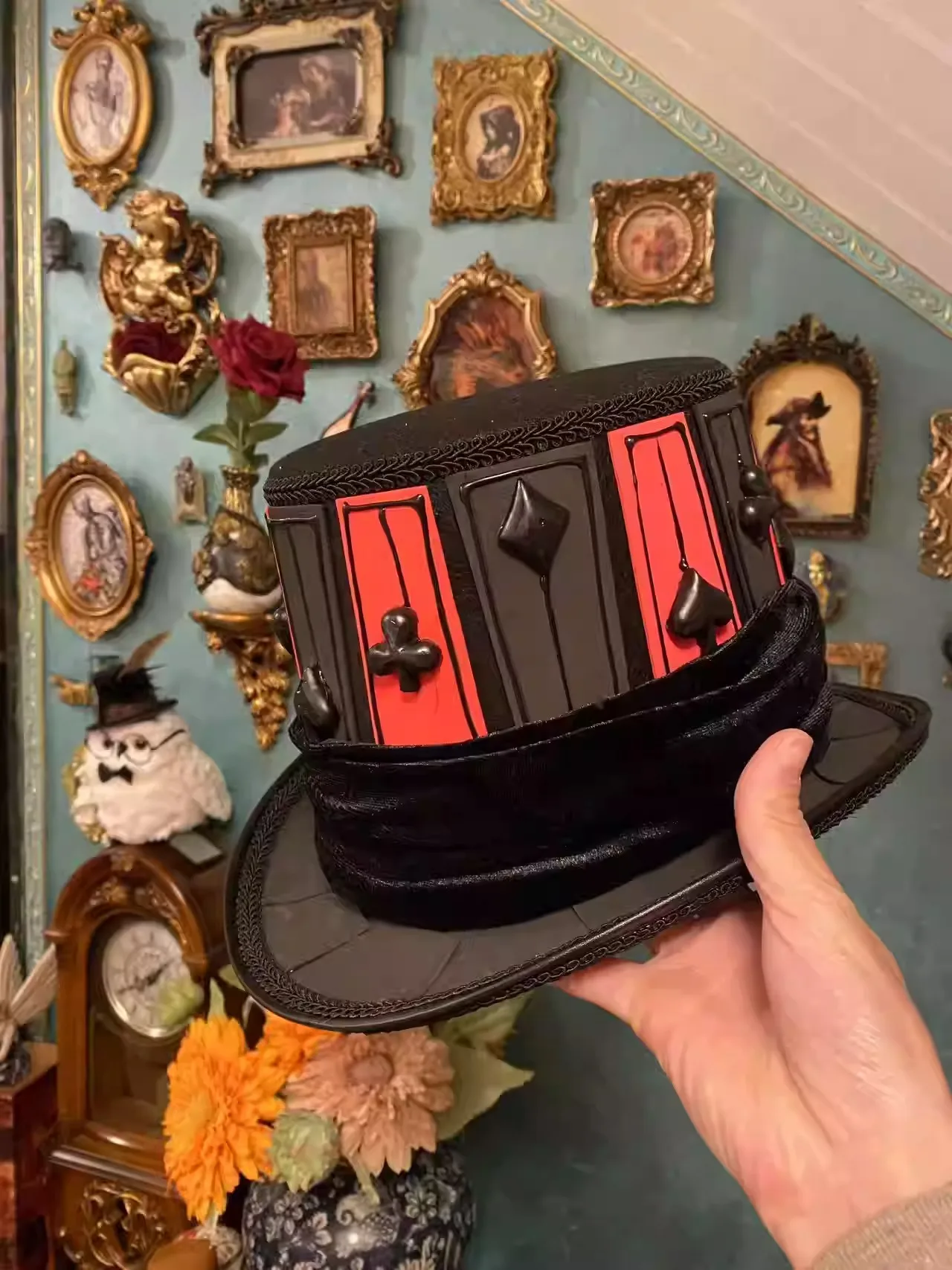 Cappello Steampunk Halloween Cosplay Spettacolo teatrale Cappello COS medievale nero e rosso