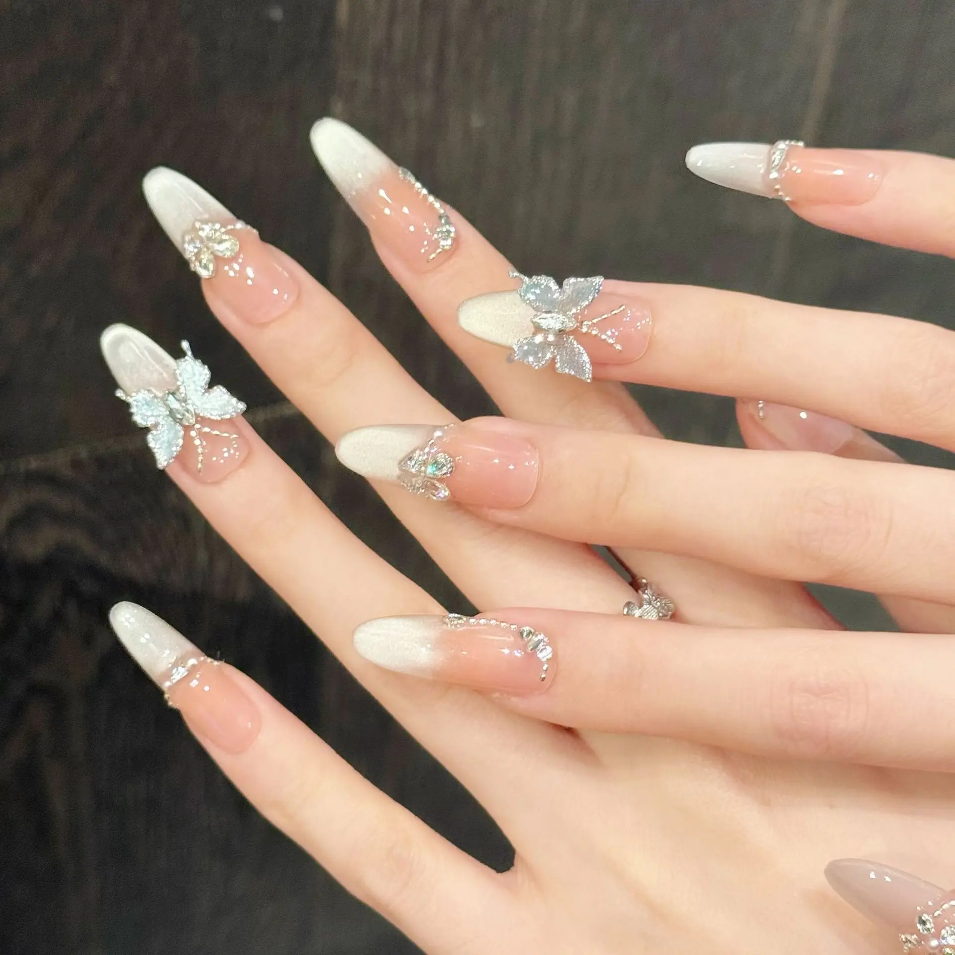 10pcs Long Ballerina Handmade Press On Nails Blush Almond Crystal Butterfly Decor Fake Nails Temperament Cat's Eye False Nail