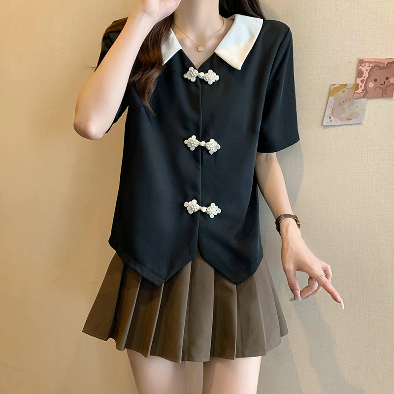 Women Blouse Summer Doll Collar Short Sleeve Shirt Thin Black Large Size Irregular Loose Single-breasted knot Buttons T-Shirt