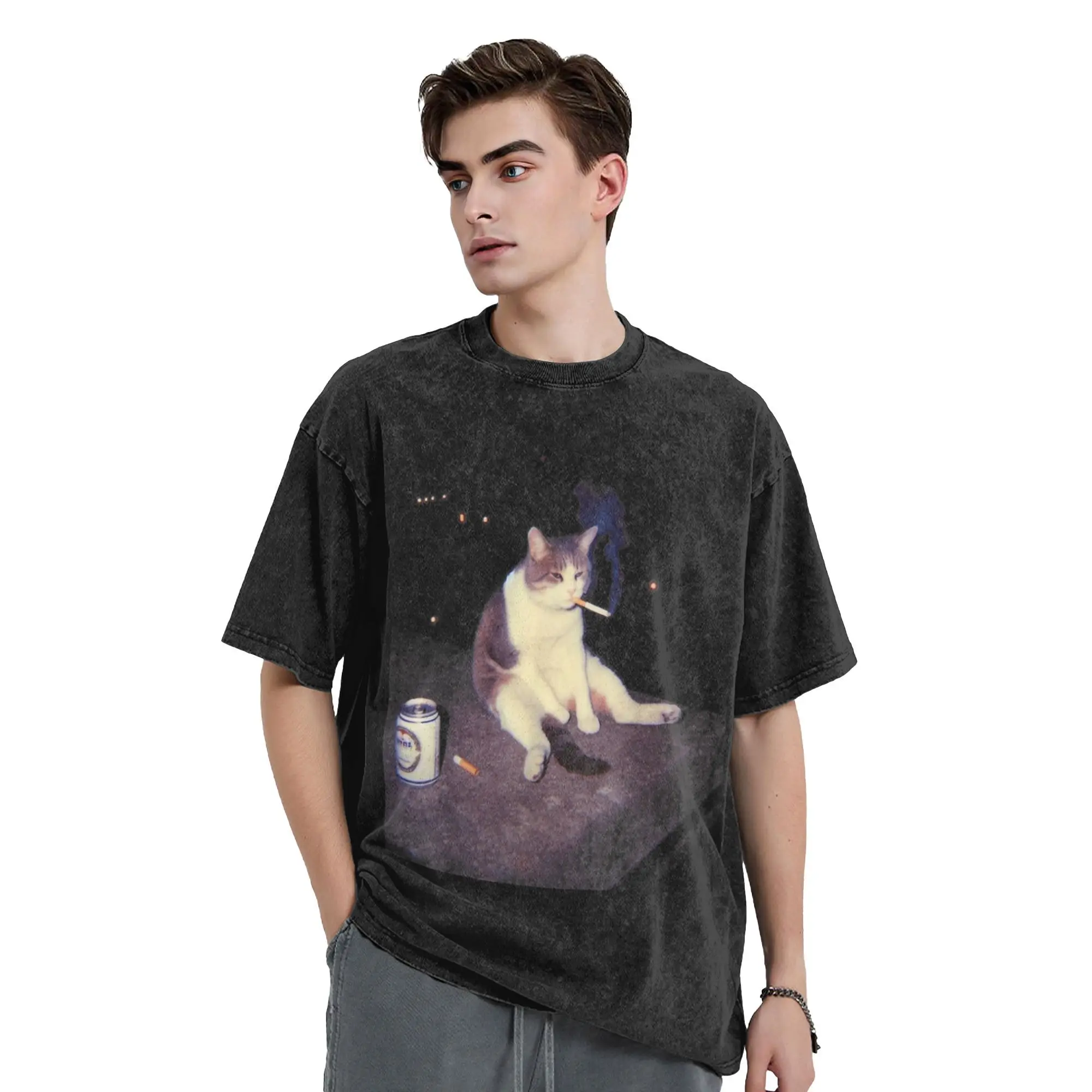 

Awesome Cigarette Kitten Funny Smoking Cat Meme Stupid Brainrot T-Shirts Men Round Collar Cotton T Shirt Tees Unique Tops