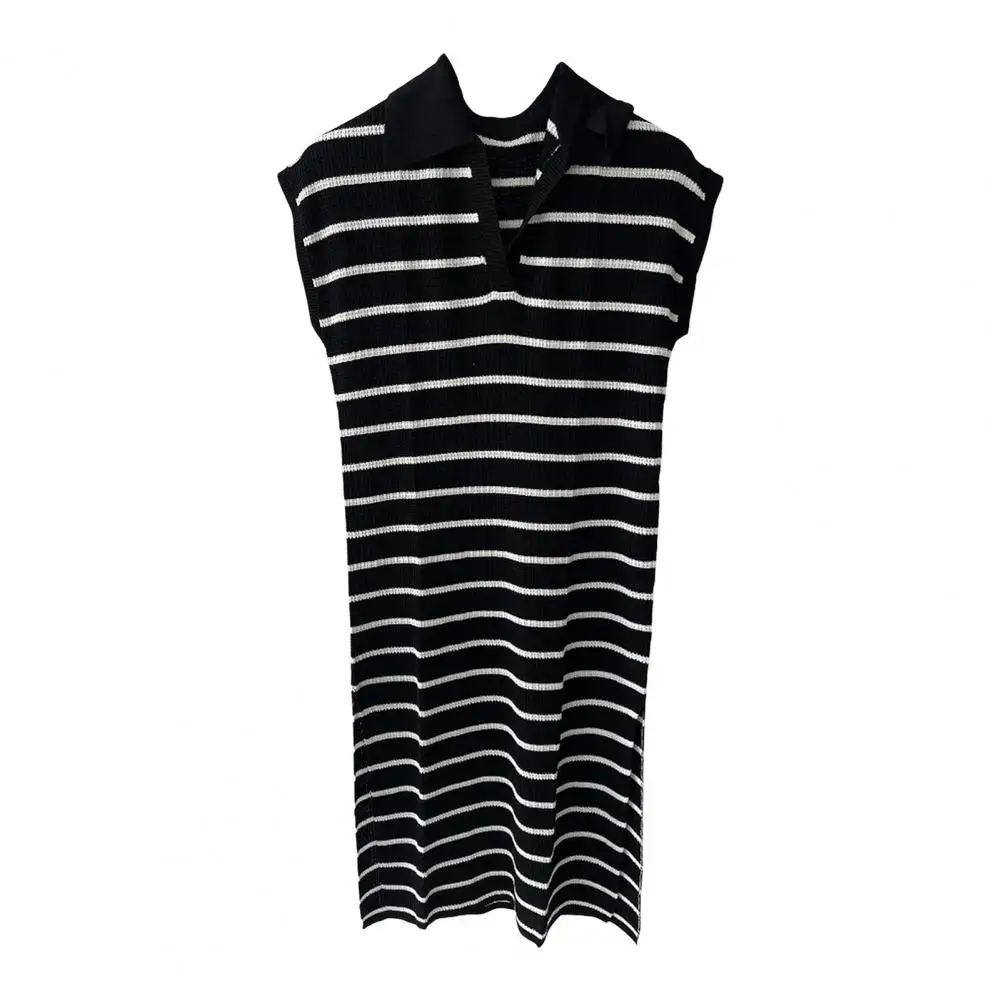 

Viscose Summer Sweater Dress Striped V Neck Midi Dress for Women Summer Split Hem Pullover with Short Sleeves Loose Fit for Wear