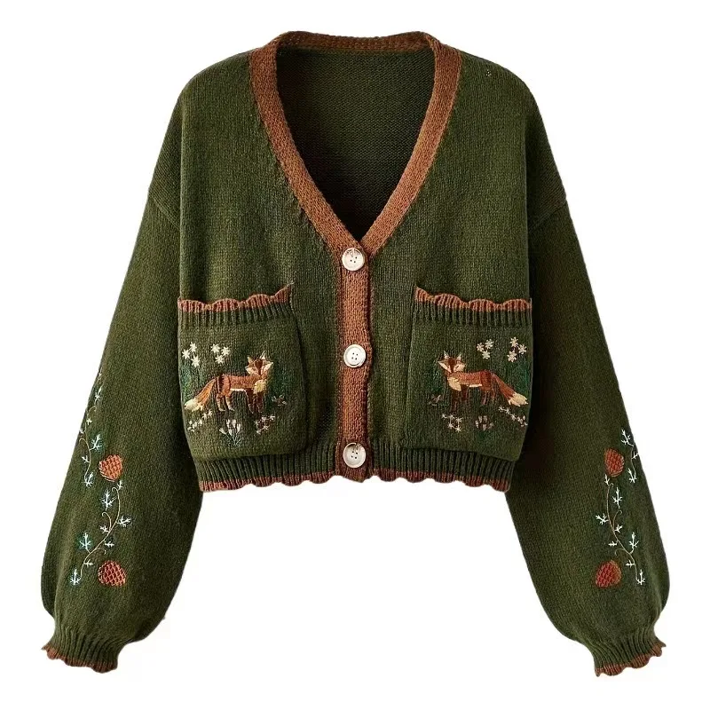 

Зеленый кардиган с вышивкой, длинными рукавами и V-образным вырезом