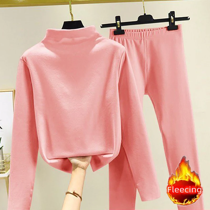 Casual Elegant Autumn Winter Women\'s Set Hight Neck Fleeceing Long Sleeve Basics Top Elastic Waist Pants Pajamas Set All Match