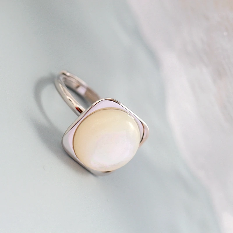 Inlaid Natural Mother Of Pearl Shell Silver Ring Classic Geometric Square Design Modern Fashion 925 Sterling Silver Women  Ring