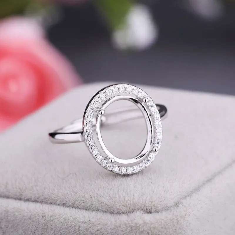 

Женское обручальное кольцо из стерлингового серебра 925 пробы, 9x11 мм, овальный кабошон, полукрепление, кольцо с кубическим цирконием, CZ, подходит для янтаря