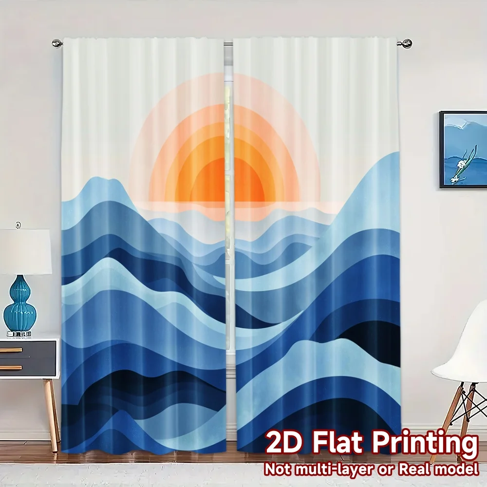 2pcs, 2D FLAT PRINTING Curtains (Without Rod) Sunrise Waves Popular Curtain Versatile Polyester Curtains Gifts Suitable for