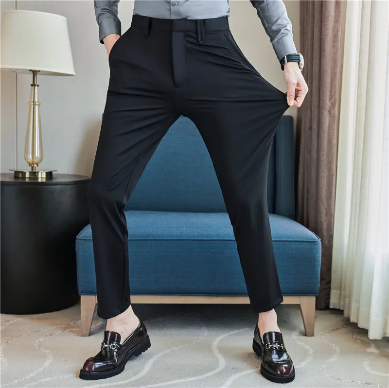 Summer Thin Mens Pants High Elastic Business Casual Suit Pants Men\'s Fashion Formal Straight Sleeve Trousers Men Plus Size 28-38