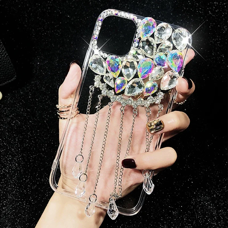 Luxury Glitter Diamond Pendant Tassel Crystal Phone Case, Soft Cover for Samsung S10, S20 Plus, S21 FE, S22, 23Ultra, Note20, 10