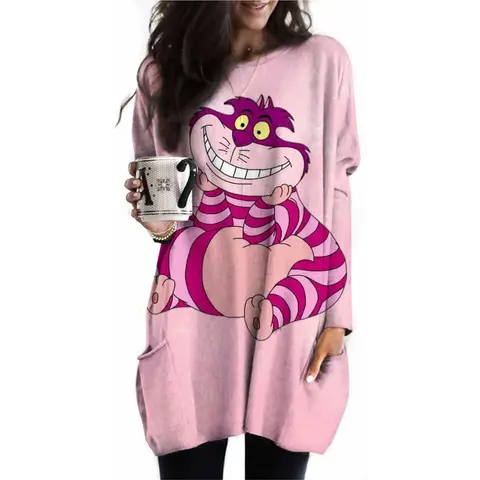 T-shirt tascabile da donna Disney Princess Fashion T-shirt tascabile girocollo stampata a maniche lunghe allentata con gatto Cheshire Top Spor da donna