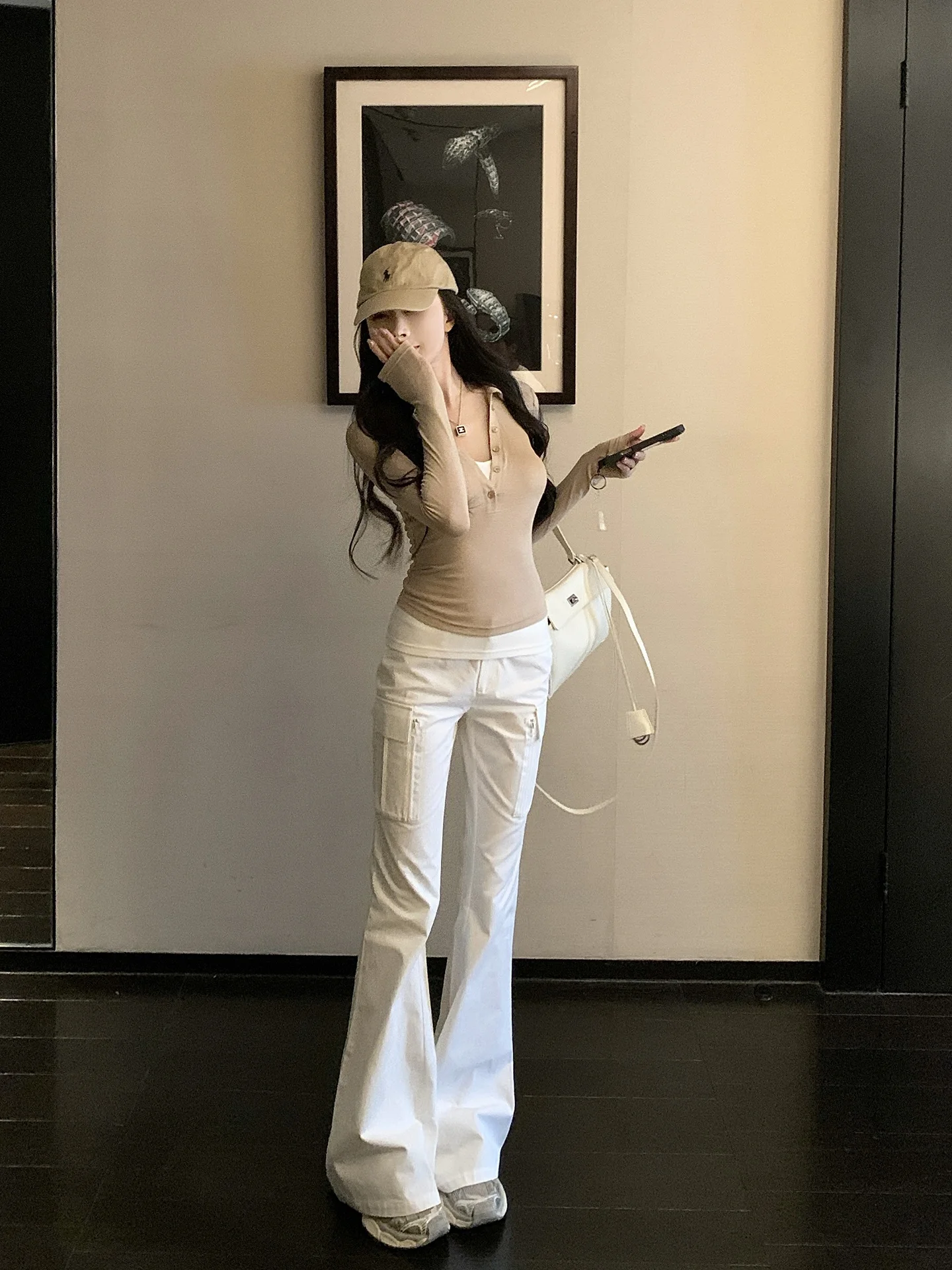 American Retro Multi-ket Work Pants Women Tall Slim Leg Lengthening Spring Micro Flared Casual Pants Cotton l Waist