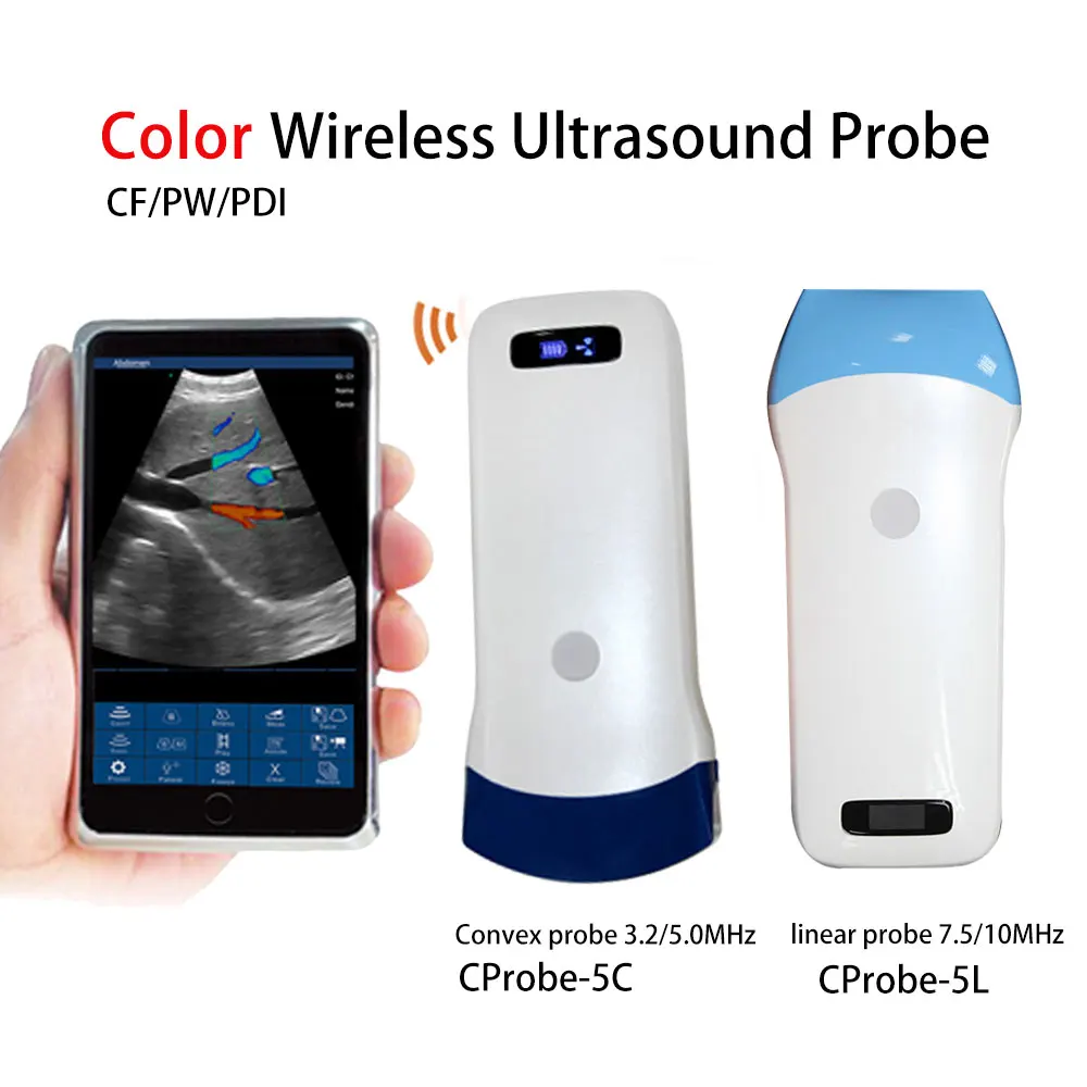 

Color Wireless Ultrasound Probe Convex Liner WIFI Ultrasound Scanner Machine Support iOS Android Windows with Suitcase