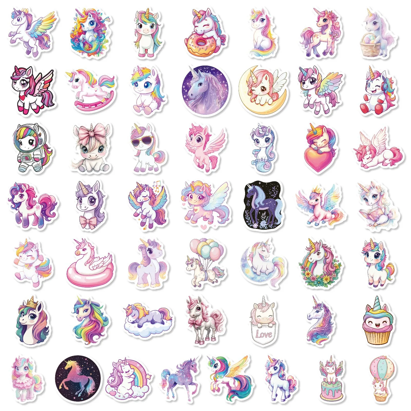 50 Stück Niedliche Regenbogen-Einhorn-Aufkleber Wasserfeste Vinyl-Sticker für Geburtstagspartys Cartoon-Aufkleber als Geschenk für Mädchen – Detail 5
