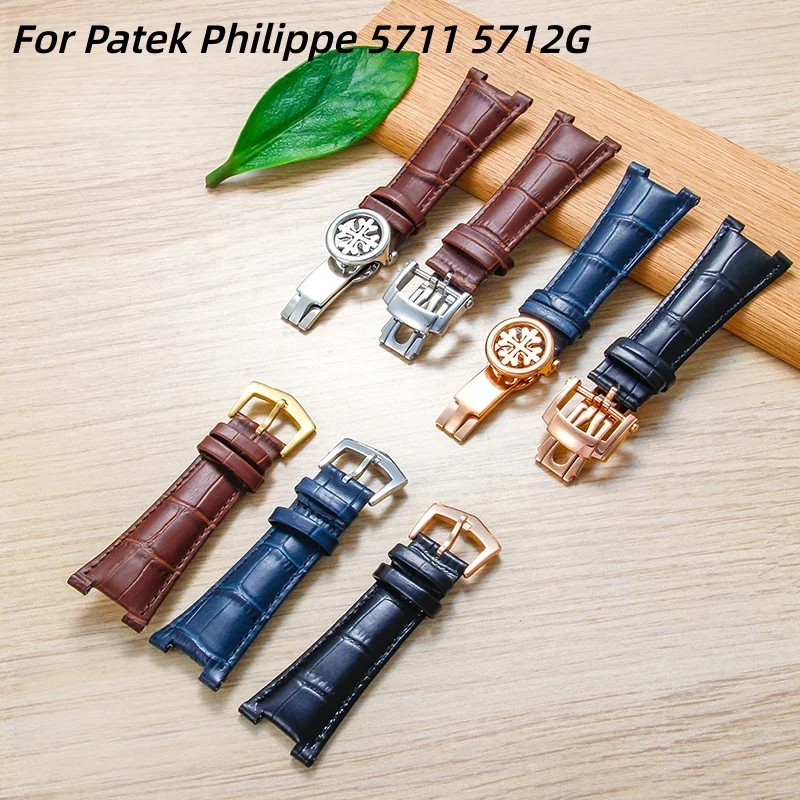 25mm Brown Black Blue Waterproof Sweatproof Dedicated Interface Folding Clasp Leather Watch Strap For Patek Philippe 5711 5712G