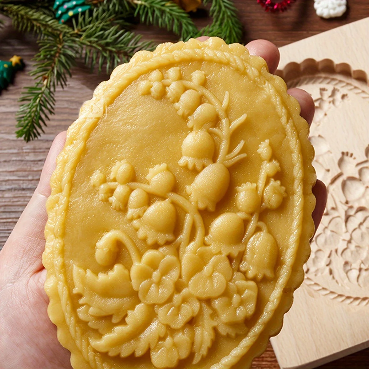 Wood Cookie Molds with Lily of The Valley Pattern, 3D DIY Carved Embossed Cookie Cutter Moulds for Baking, Fondant Cake Biscuit