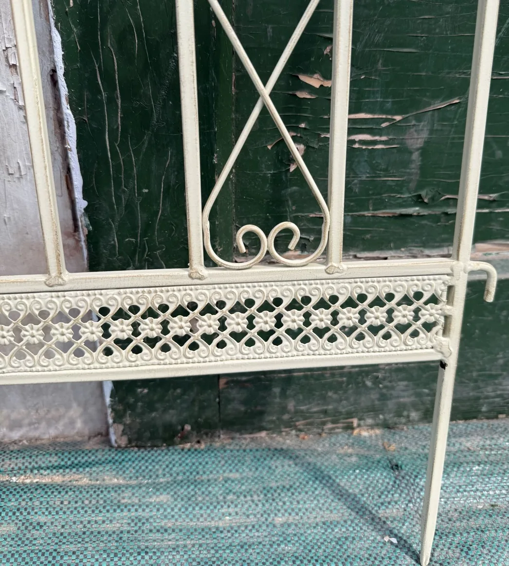 Decorative Garden Trellis Panel with Scrollwork, White Metal, 62W x 64.5H cm, Arched Design with Heart Pattern