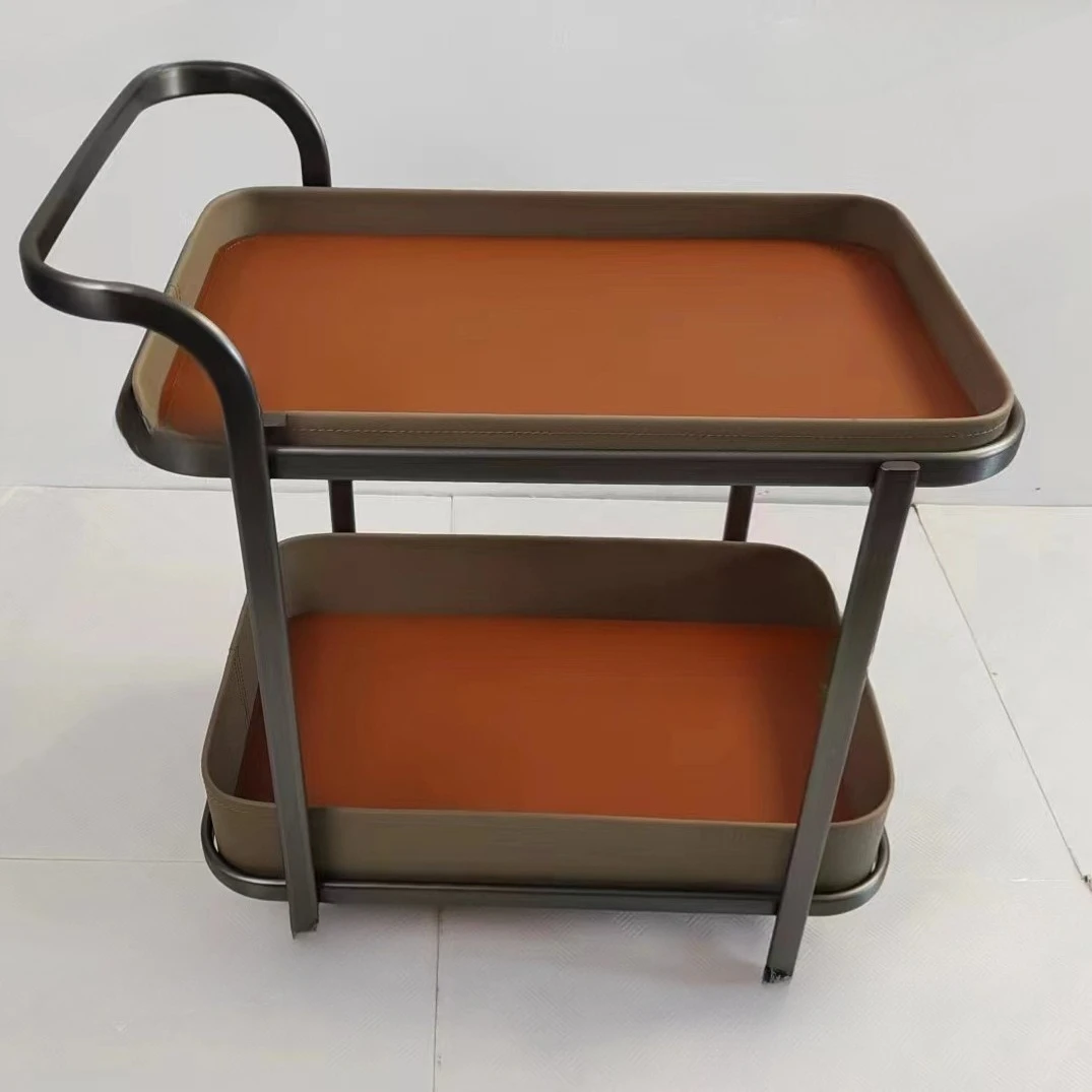Movable saddle leather sofa side living room balcony shelf double-layer trolley