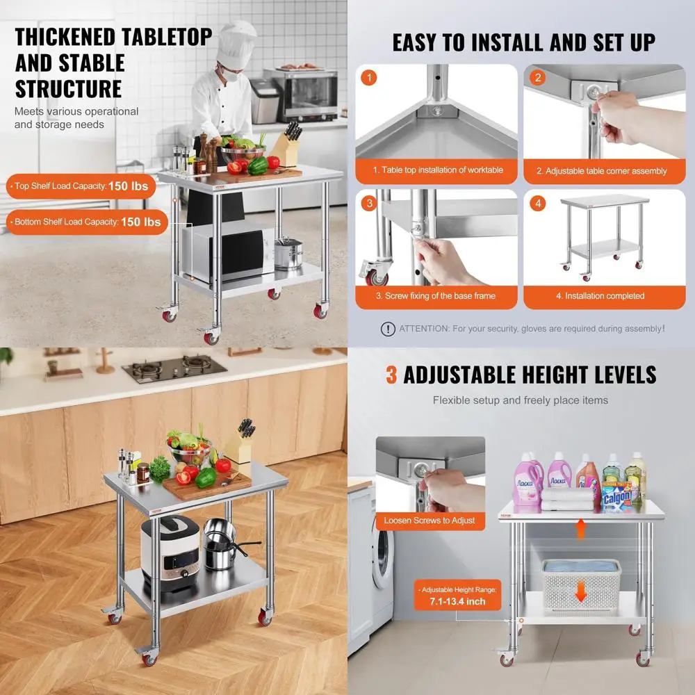 

Heavy-Duty 36x24 Inch Stainless Steel Work Table with 4 Wheels for Kitchen Prep or Restaurant Use